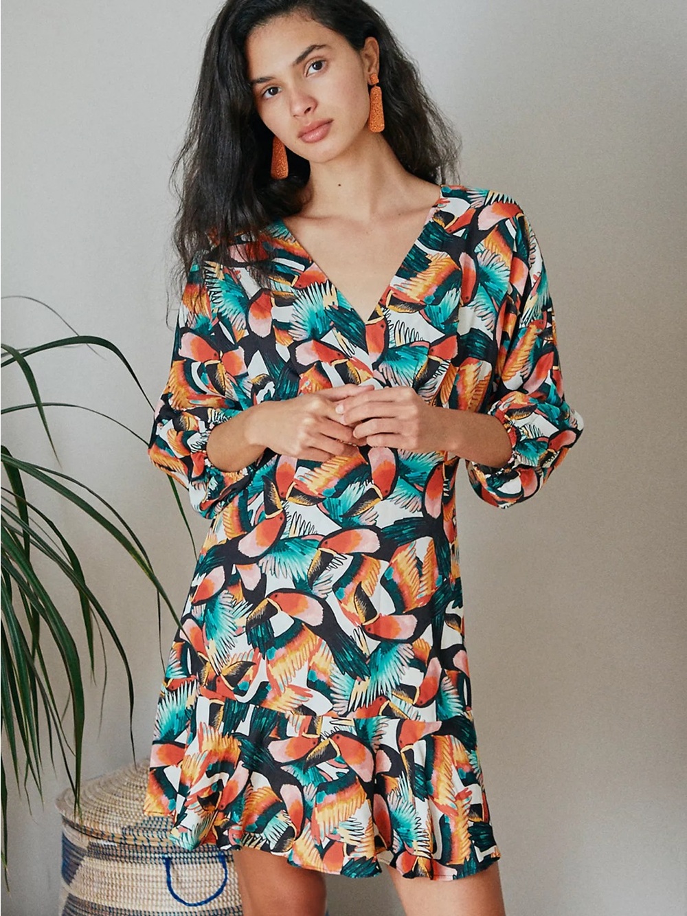 NWT Anthropologie Farm Rio Toucans Mini Dress Exotic Tropical Bird Puff Sleeve M